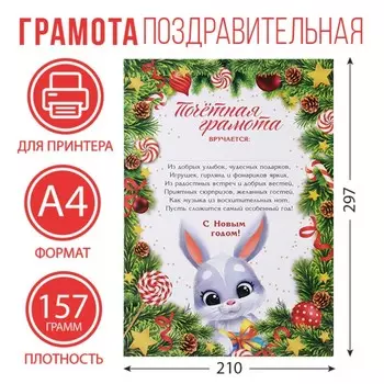 Почётная грамота с символом года 2023, А4., 157 гр/кв.м