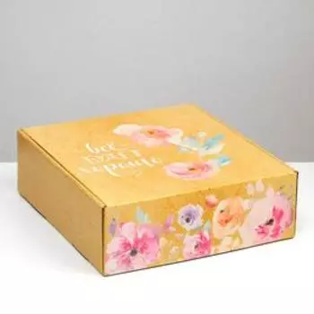 Подарочная коробка "С цветами", крафт, 28,5 х 9,5 х 29,5 см