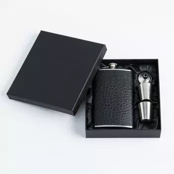 Подарочный набор 4 в 1, 1721.5 см, фляжка 300 мл, воронка, 2 рюмки, нержавеющая сталь, экокожа, чёрный, серебристый