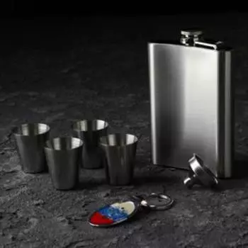 Подарочный набор 7 в 1 "Металл": фляжка 240 мл + 4 рюмки, воронка, нож многофункциональный
