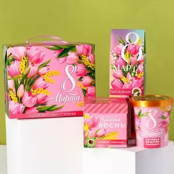 Подарочный набор «8 марта», чай зелёный со вкусом жасмина 50 г., печенье брауни 120 г., конфеты с шоколадной начинкой 110 г.