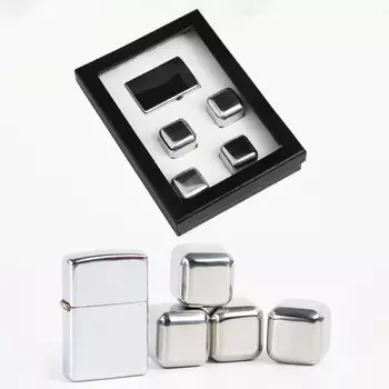 Подарочный набор: бензиновая зажигалка и кубики для виски из нержавеющей стали, 4 шт.
