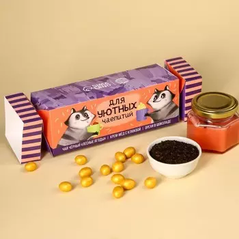 Подарочный набор «Для уютных чаепитий», чай чёрный со вкусом лесные ягоды 50 г., крем-мёд с клюквой 120 г., арахис в шоколадной глазури 100 г.