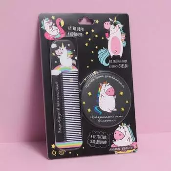 Подарочный набор «Единорожка», 2 предмета: зеркало, расчёска, цвет чёрный