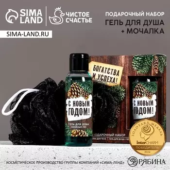 Подарочный набор новогодний мужской «Богатства и успеха», гель для душа 100 мл и мочалка для тела, Чистое счастье