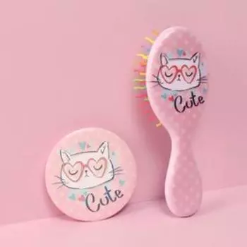 Подарочный набор «Киса», 2 предмета: зеркало, массажная расчёска, рисунок МИКС