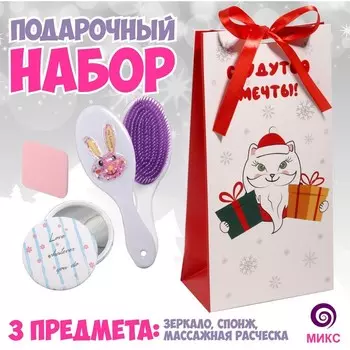 Подарочный набор «Кошечка», 3 предмета: зеркало, спонж, массажная расчёска, цвет МИКС