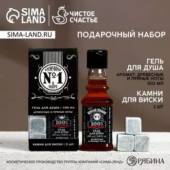 Подарочный набор косметики «Мужчина №1», гель для душа во флаконе виски 100 мл и камни для виски 3 шт., аромат древесный с пряными нотами, Чистое счастье