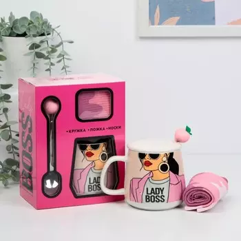 Подарочный набор Lady boss, кружка с крышкой 350 мл, ложка, носки 36-39 р-р.