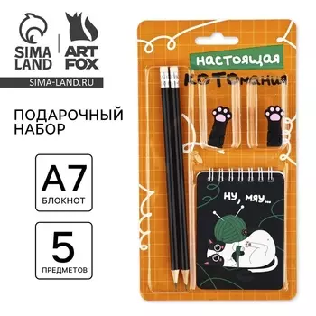 Подарочный набор канцелярский, ластики 2 шт., блокнот, карандаши «Настоящая котомания»