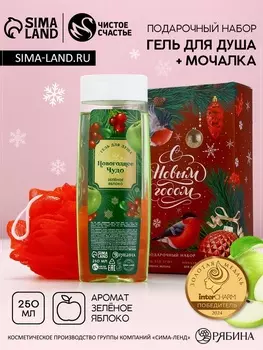 Подарочный набор новогодний женский «С праздником», гель для душа 250 мл и мочалка для тела, Чистое счастье