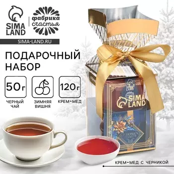 Подарочный набор «С новым годом»: чай со вкусом: зимняя вишня,50 , крем - мёд с черникой, 120 г