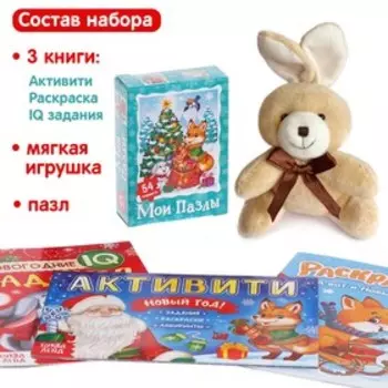 Подарочный набор на новый год «Посылка от Деда Мороза», книги, игрушка и пазл МИКС
