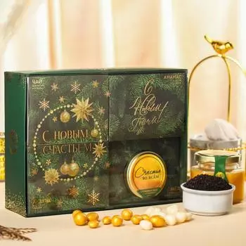 Подарочный набор «С Новым счастьем»: чай 50 г., арахис 100 г., ананас в шоколаде 100 г., крем-мед 120 г.