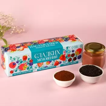 Подарочный набор «Сладких мнгновений», чай чёрный со вкусом лесные ягоды 50 г., кофе со вкусом вишнёвый терамису 50 г., крем-мёд с черникой 120 г.