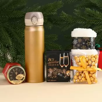 Подарочный набор «Все мечты сбудутся»: чай чёрный 50 г., крем-мед с клубникой 120 г., носки 36 - 39 размер, термос 500 мл.