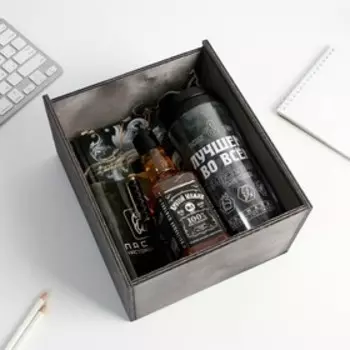 Подарочный набор в деревянном ящике «100% МУЖИКУ»: Ежедневник, ручка, паспортная обложка, термостакан