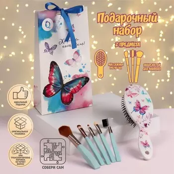 Набор «Яркая бабочка», 2 предмета: набор кистей, массажная расчёска, разноцветный