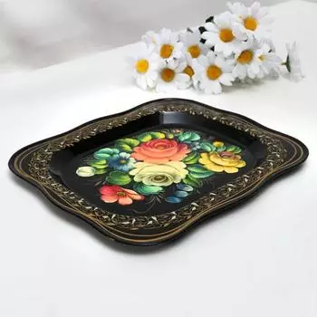 Поднос жостовский "Цветы", 24*20 серо-голубой