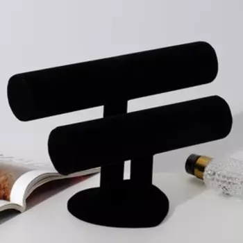 Подставка для часов, браслетов QF, двухуровневая, флок, сердце, 261118 см, d=5 см, чёрная