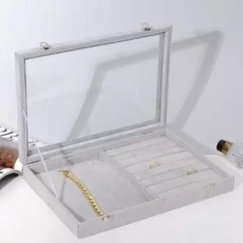 Шкатулка для украшений 10 крючков и 8 полос, 35245, стеклянная крышка, серая