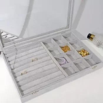 Шкатулка для украшений 9 полос, 12 ячеек, 35244.5, стеклянная крышка, серая