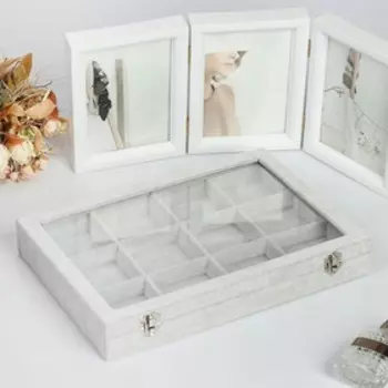 Шкатулка для украшений 12 ячеек, 35244.5, стеклянная крышка, серая