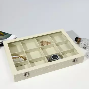 Шкатулка для украшений 12 ячеек, 35244.5, стеклянная крышка, бежевая