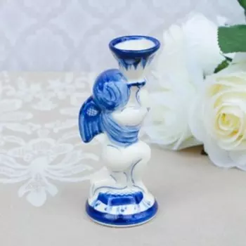 Подсвечник "Ангелок", гжель, фарфор, 12х5 см