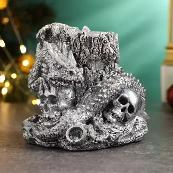 Подсвечник "Череп со змеем" 11х11х11см, серебро