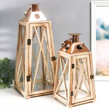 Подсвечник дерево "Фонарь - трапеция" бежевый набор 2 шт 39х18х13; 55х15х22,5 см