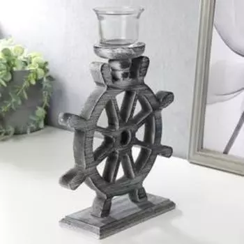 Подсвечник дерево на 1 свечу "Штурвал" серый 25,5х18,5х8,5 см