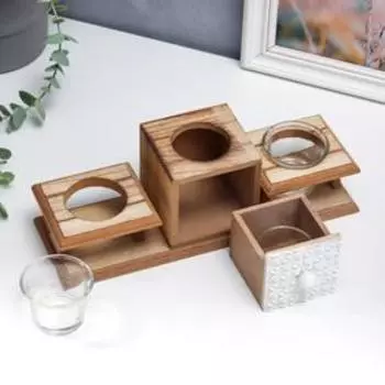 Подсвечник дерево, стекло на 3 свечи с 1-м ящиком "Плетёнка" 10,5х28х9 см