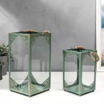 Подсвечник металл "Фес" набор 2 шт голубая патина 20х11х11 28х14х14 см