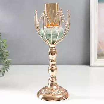 Подсвечник металл на 1 свечу "Бутон. Бело-зелёный мрамор" золото 29х11х11 см