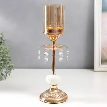 Подсвечник металл на 1 свечу "Цветок с кристаллами" золото, белый 37х11х11 см