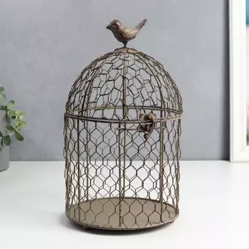 Подсвечник металл на 1 свечу "Клетка из сетки с птичкой" состаренный 30х16,5х16,5 см
