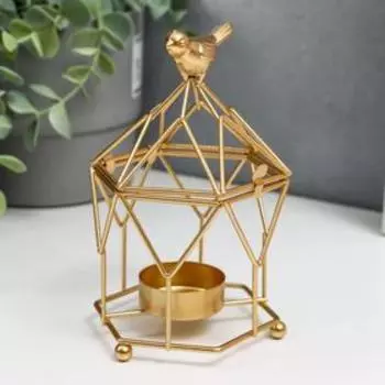 Подсвечник металл на 1 свечу "Золотая клетка-фонарь с птицей" 14х9х9 см
