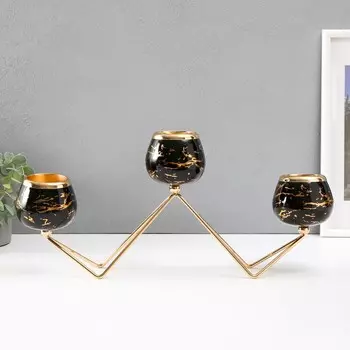 Металлический подсвечник на 3 свечи «Чёрный мрамор зиг-заг», золото, 4119см