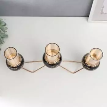 Подсвечник металл на 3 свечи "Чёрный мрамор с золотыми прожилками - зиг-заг" золото 14х35 см 69491