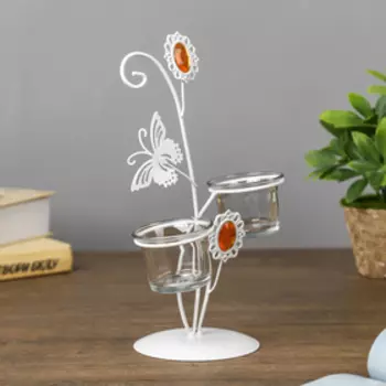 Подсвечник металл, стекло 2 свечи "Бабочка и цветок" белый 23,5х17,5х9,5 см