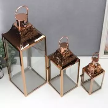 Подсвечник металл, стекло фонарь "Ромашки" медь набор 3 шт 57х18х18 37х14х14 28х10х10 см