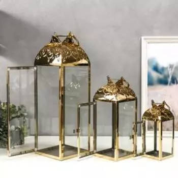 Подсвечник-фонарь на 1 свечу «Завитки», золото, набор 3 шт., 551818 см; 371414 см; 241010 см