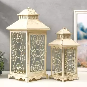 Подсвечник металл, стекло фонарик "Завитки" белый с патиной набор 2 шт 54х23х23 40х17х17 см 544923