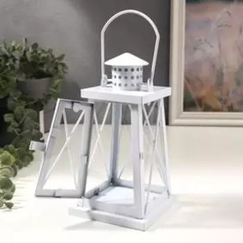 Подсвечник металл, стекло на 1 свечу "Фонарь" белый 21х11х11 см