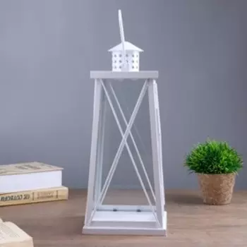 Подсвечник металл, стекло на 1 свечу "Фонарь" белый 35х15х15 см