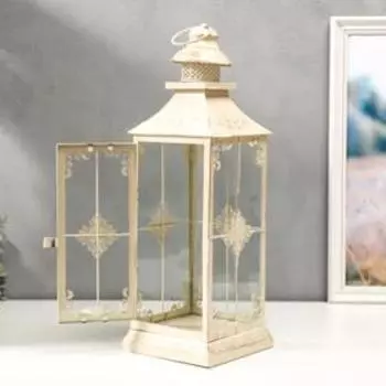 Подсвечник металл, стекло на 1 свечу фонарик "Ажурный ромб" белый с патиной 52,5х17,5х17,5см 54492