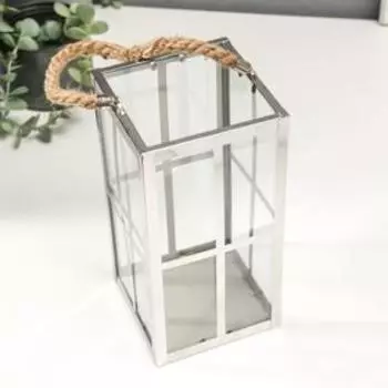 Подсвечник металл, стекло на 1 свечу фонарик "Окна" серебро 22х11х11 см
