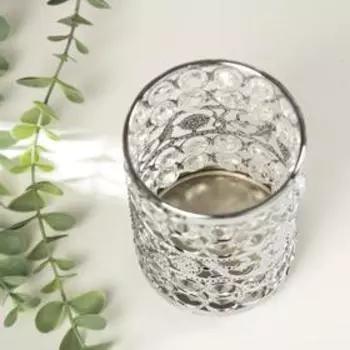 Подсвечник металл, стекло на 1 свечу "Кристаллы и подсолнухи" серебро 13х9х9 см