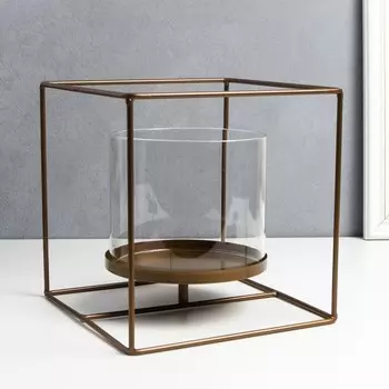 Подсвечник металл, стекло на 1 свечу "Лофт. Куб" тёмное золото 16,5х16,5х16,5 см